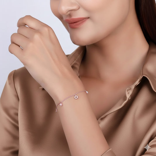 Delicate Rose Gold Floral Charm Bracelet"