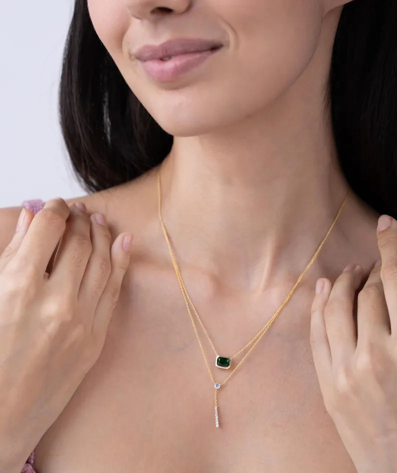 Emerald Glow Double Layer Gold Necklace