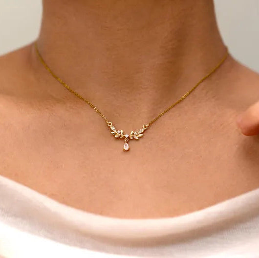 Delicate Gold Leaf Y Necklace with Crystal Accents
