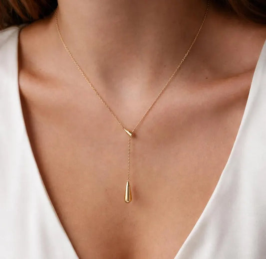 Minimalist Gold Y Necklace with Teardrop Drop Pendant